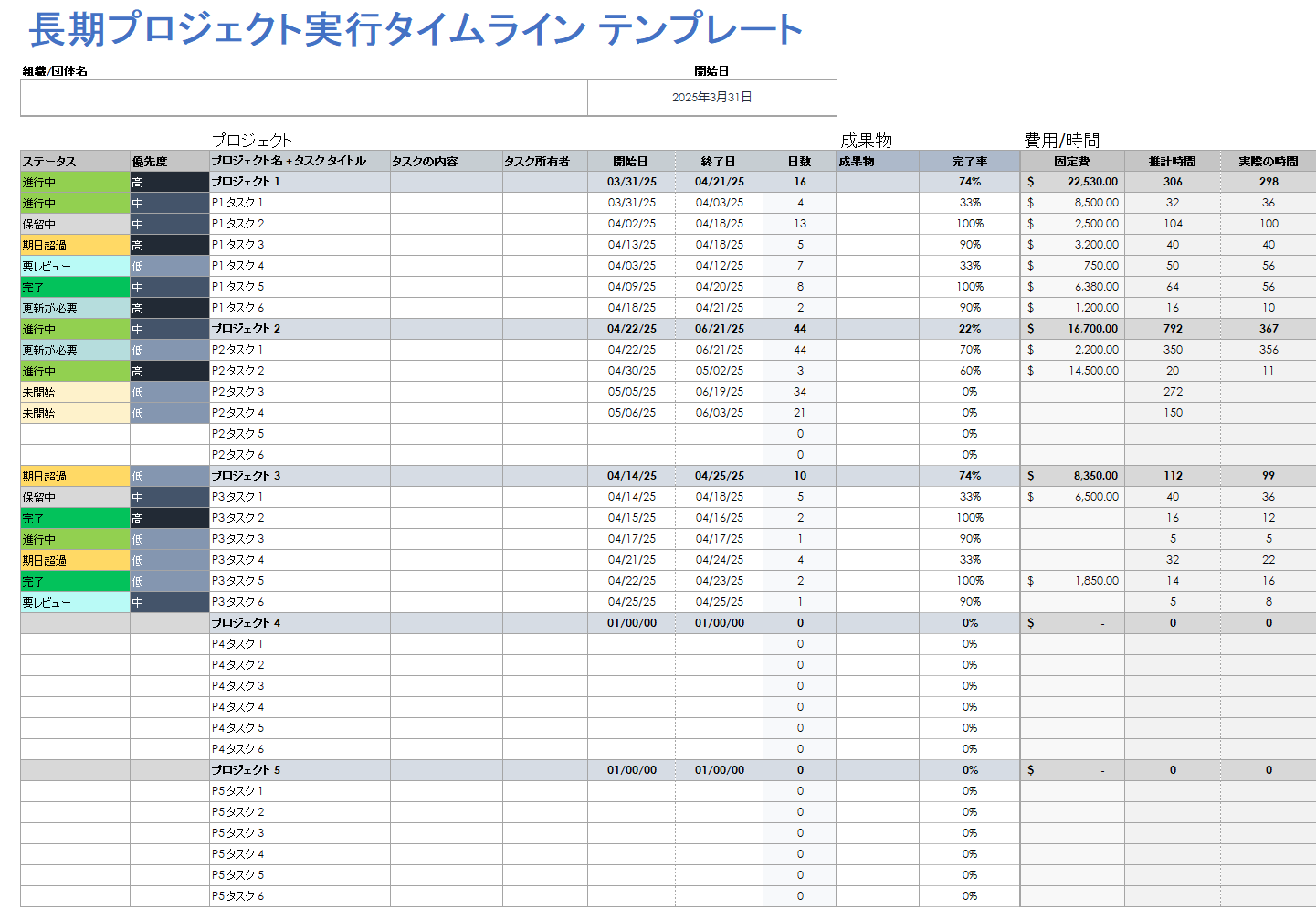  長期プロジェクト実行タイムライン テンプレート