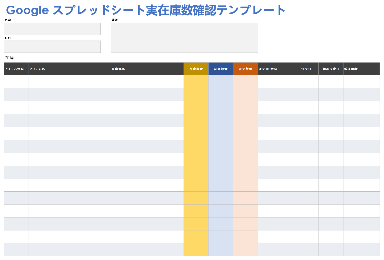  Google スプレッドシートの物理在庫数テンプレート