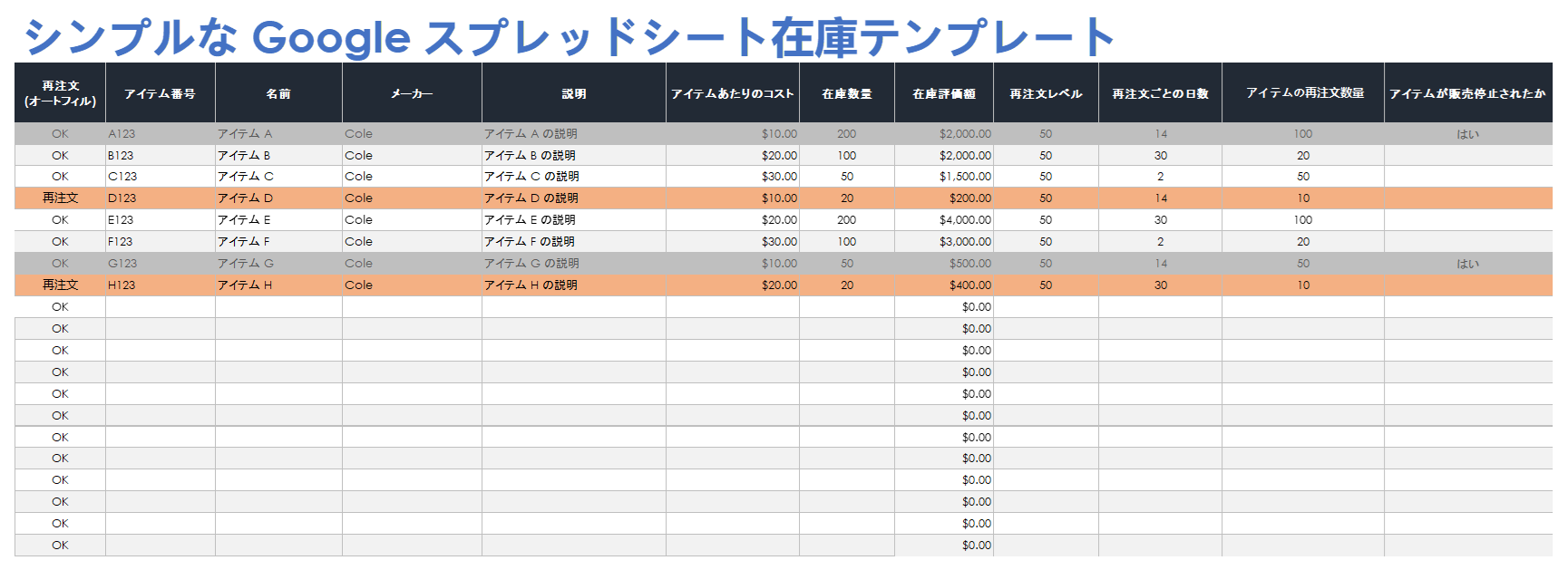  シンプルな Google スプレッドシートの在庫テンプレート